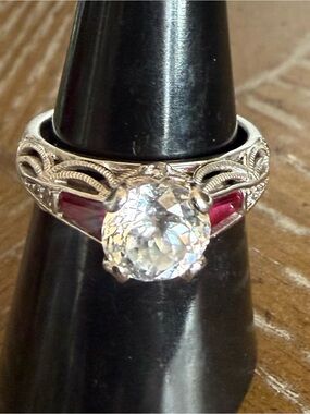 Tacori Silver Filigree Ring with Clear Center and Red Accents